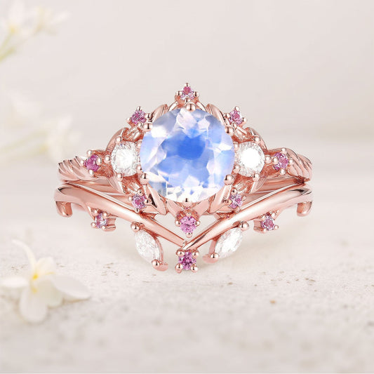 Unique floral engagement rings Round Lab Moonstone and Moissanite Ring Set