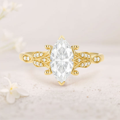 Unique floral engagement rings Marquise Moissanite Leafy Engagement Ring