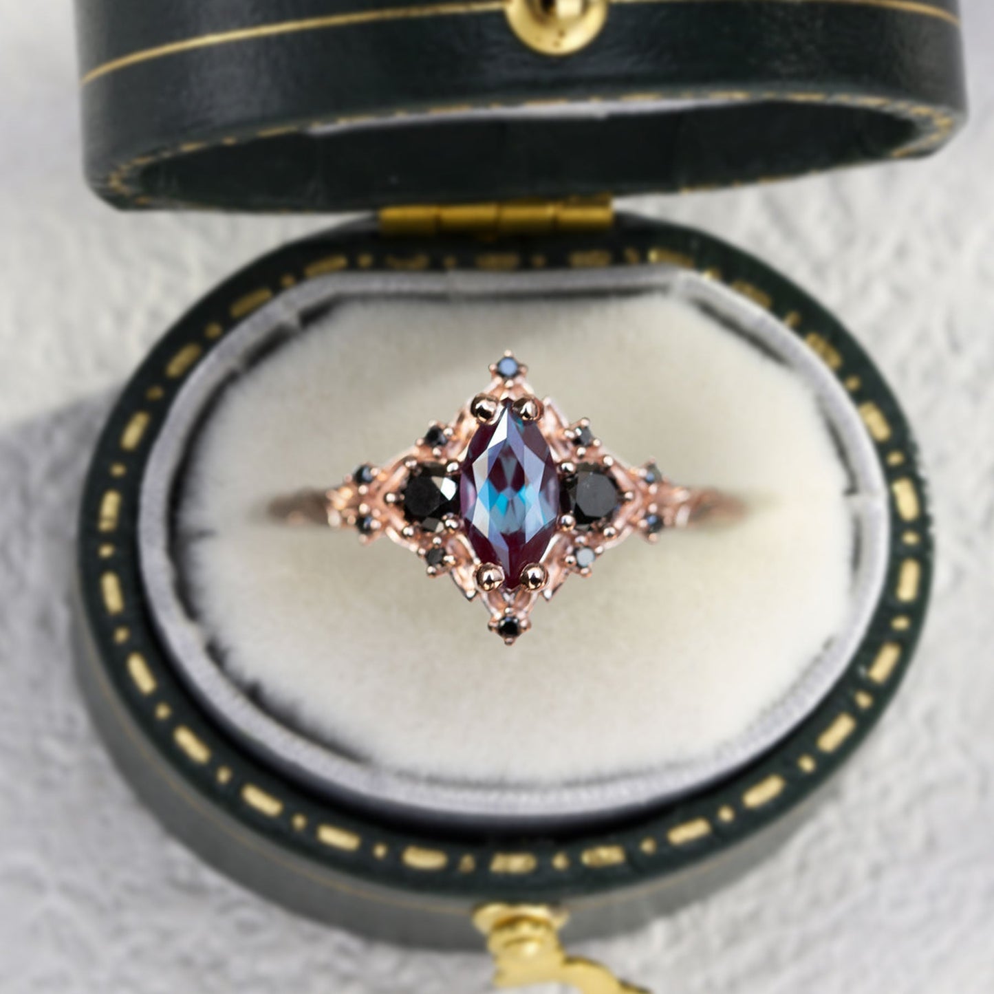 Unique Briar Rose Marquise Lab Alexandrite and Black Moissanite Ring