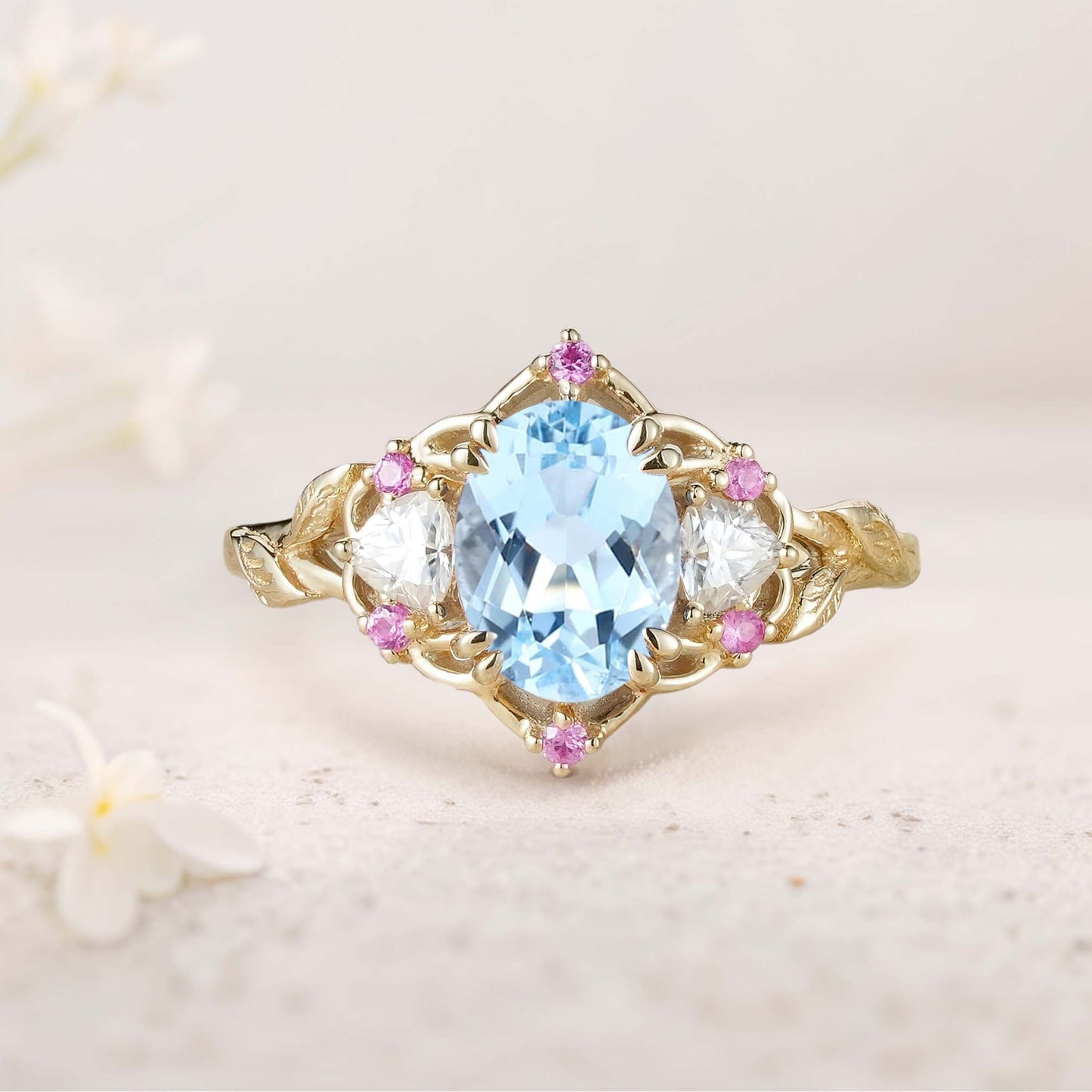 Unique Three Stone Oval Lab Aquamarine Engagement Ring