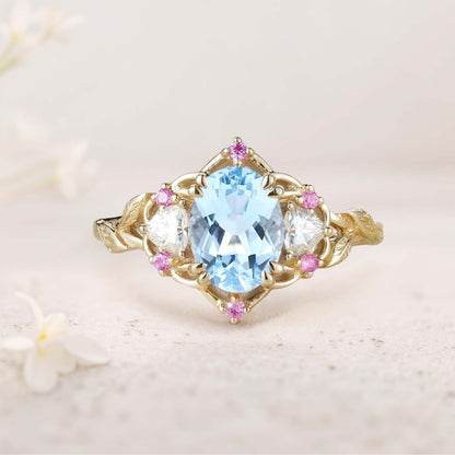 Unique Three Stone Oval Lab Aquamarine Engagement Ring