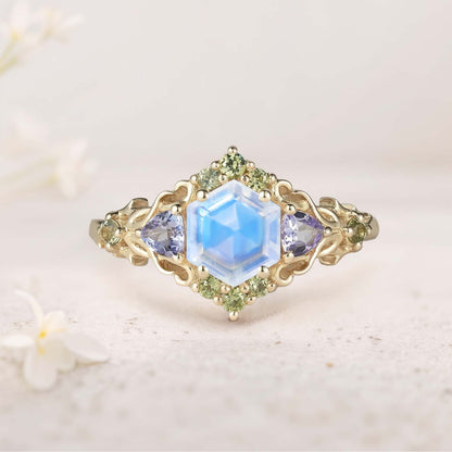 Unique floral engagement rings Three Stone Hexagon Lab Moonstone and Blue sapphire Leaf Ring