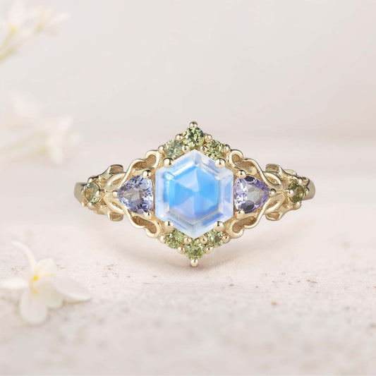 Unique floral engagement rings Three Stone Hexagon Lab Moonstone and Blue sapphire Leaf Ring