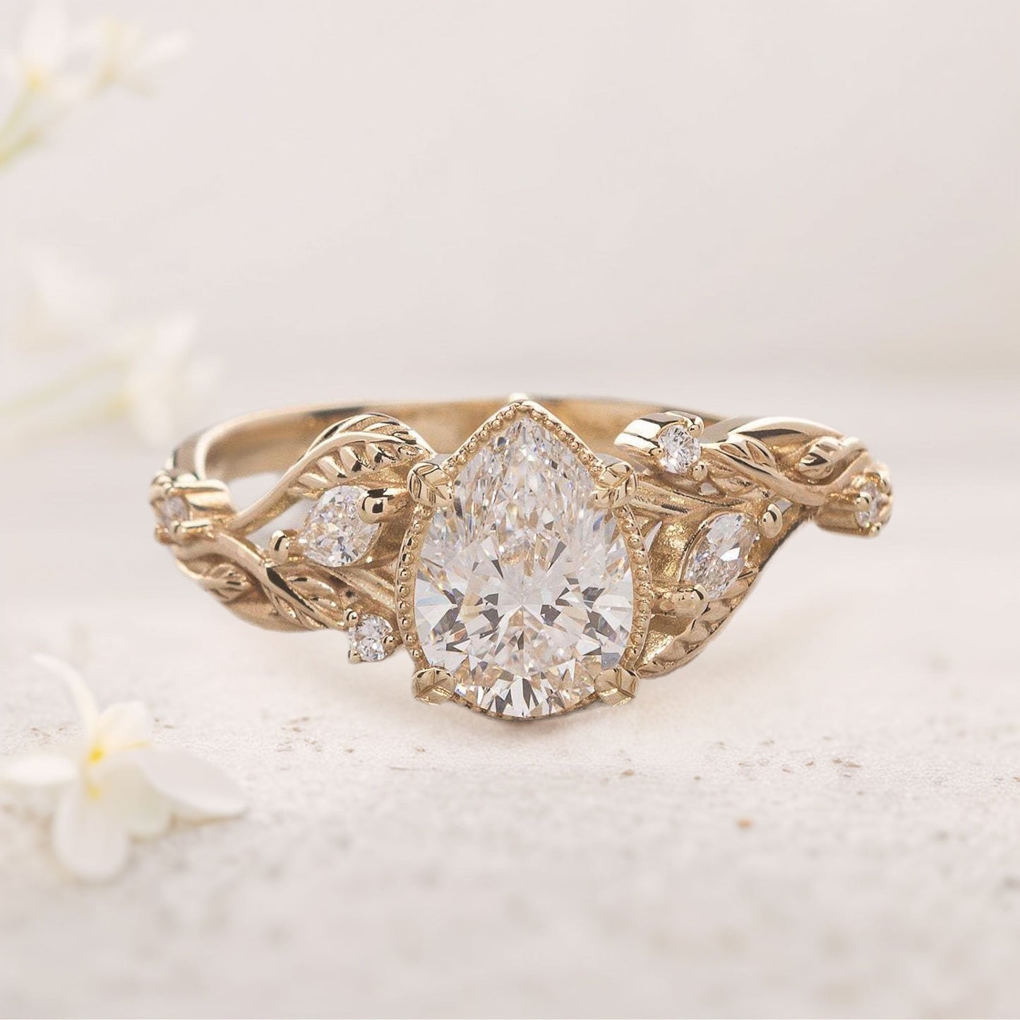 Unique Pear Moissanite With leaves Engagement Ring Wedding Ring