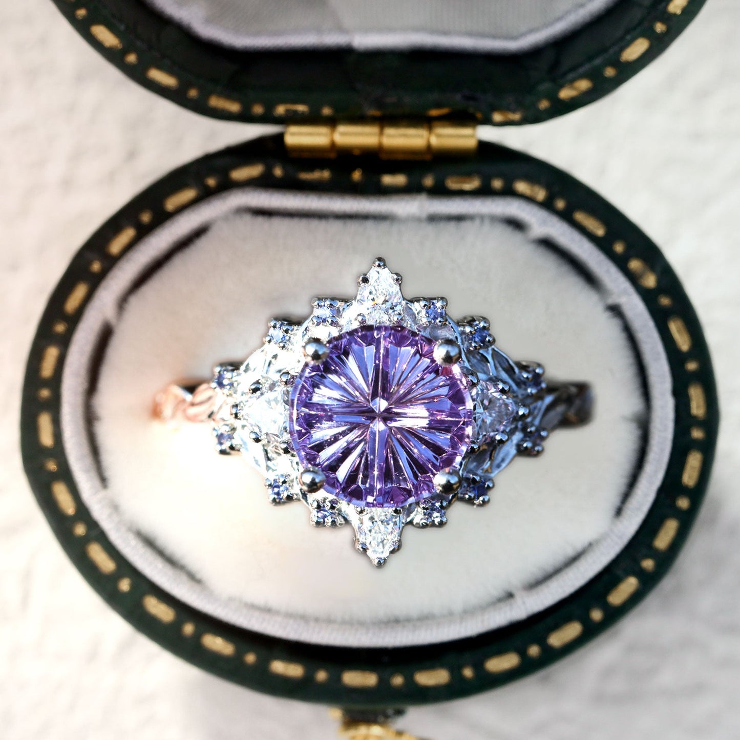 Unique Briar Rose Three Stone Starbrite Cut Round Purple Lab Sapphire Ring