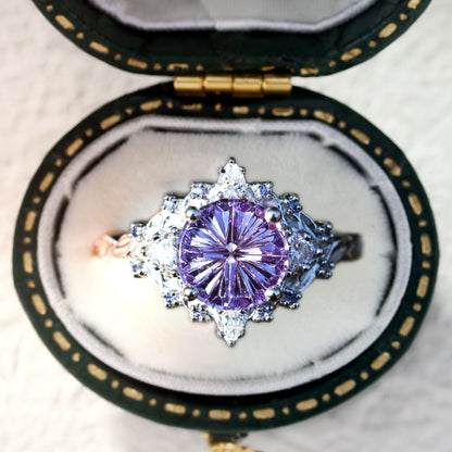 Unique Briar Rose Three Stone Starbrite Cut Round Purple Lab Sapphire Ring