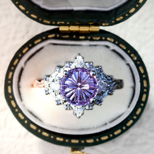 Unique Briar Rose Three Stone Starbrite Cut Round Purple Lab Sapphire Ring