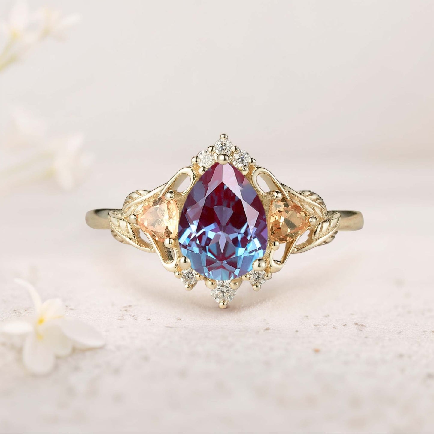 Unique Pear Lab Alexandrite Leaf Ring Engagement Ring