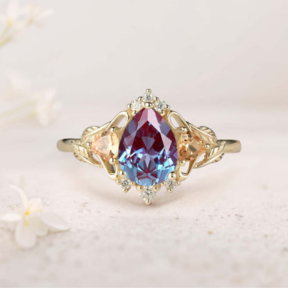 Unique Pear Lab Alexandrite Leaf Ring Engagement Ring