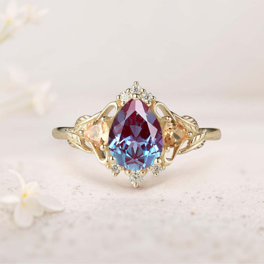Unique Pear Lab Alexandrite Leaf Ring Engagement Ring
