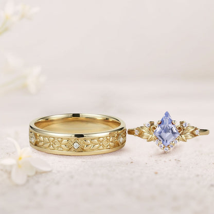 Vintage Kite Lab Sapphire Promise Ring Engagement Ring Set for Couples