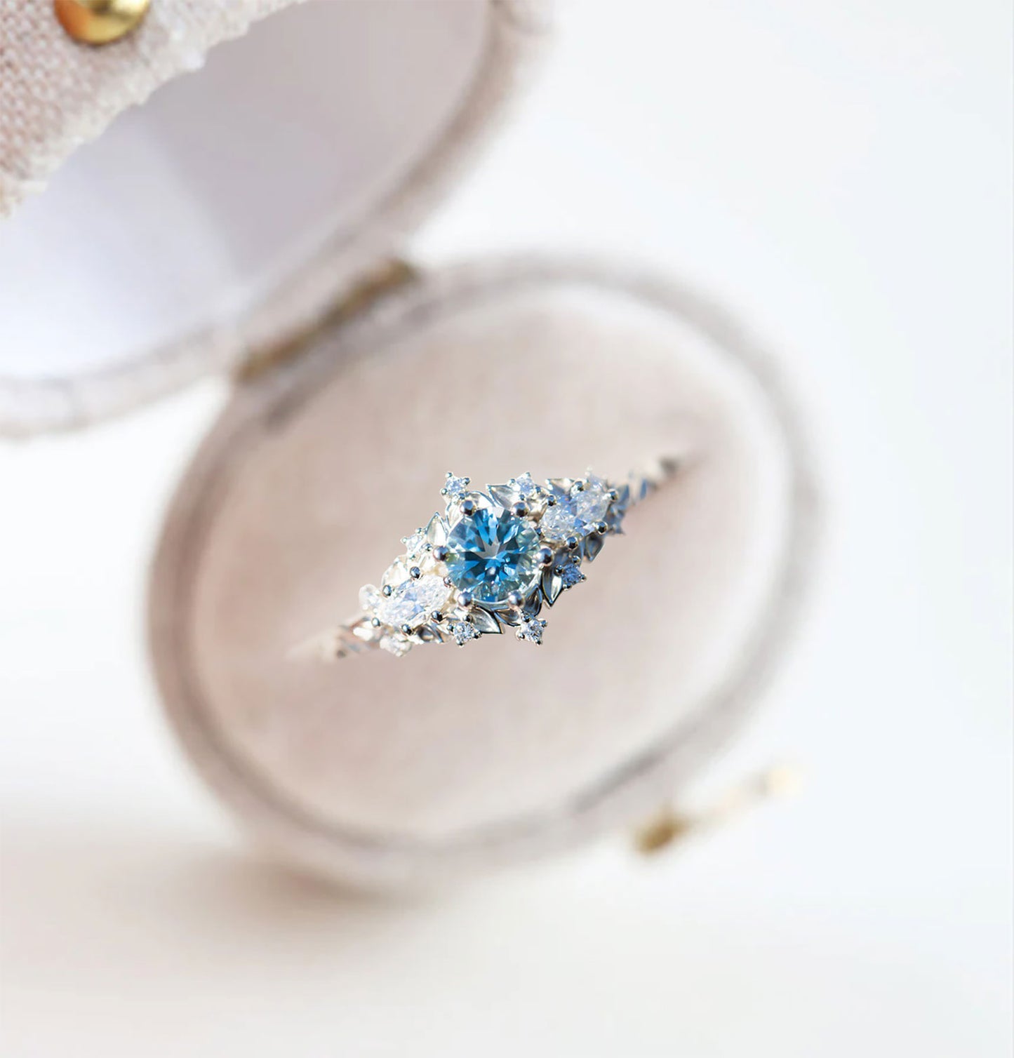 Unique Celeste Rose Round Lab Aquamarine and Moissanite Ring