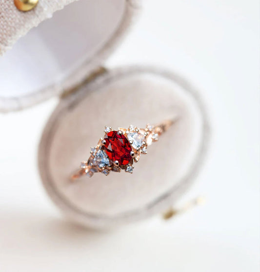 Unique Briar Rose Oval Garnet and Moissanite Ring