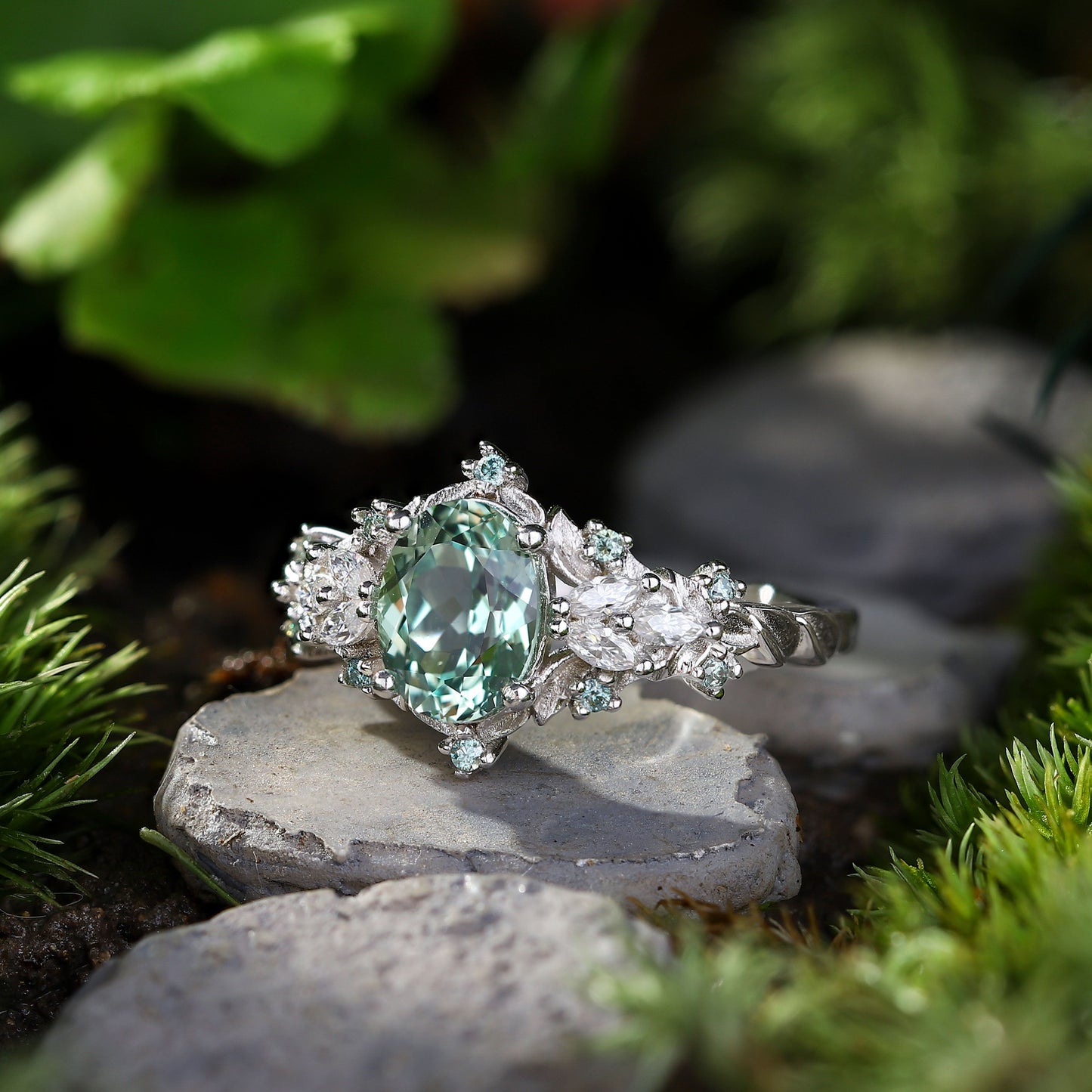 Unique Starlight Oval Green Lab Sapphire Engagement Ring