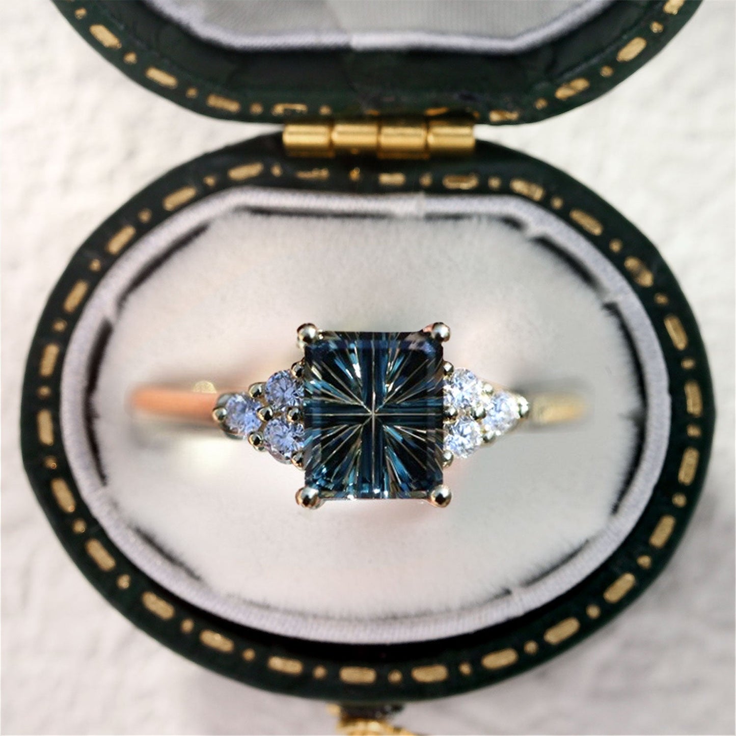 Unique Emerald cut Lab Sapphire Cluster Engagement Ring