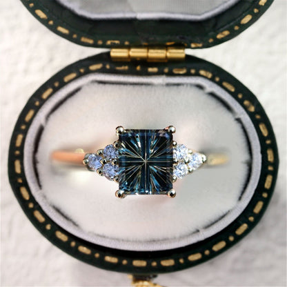 Unique Emerald cut Lab Sapphire Cluster Engagement Ring