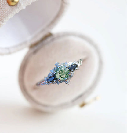 Unique Briar Rose Round Moss Agate and Black Moissanite Ring