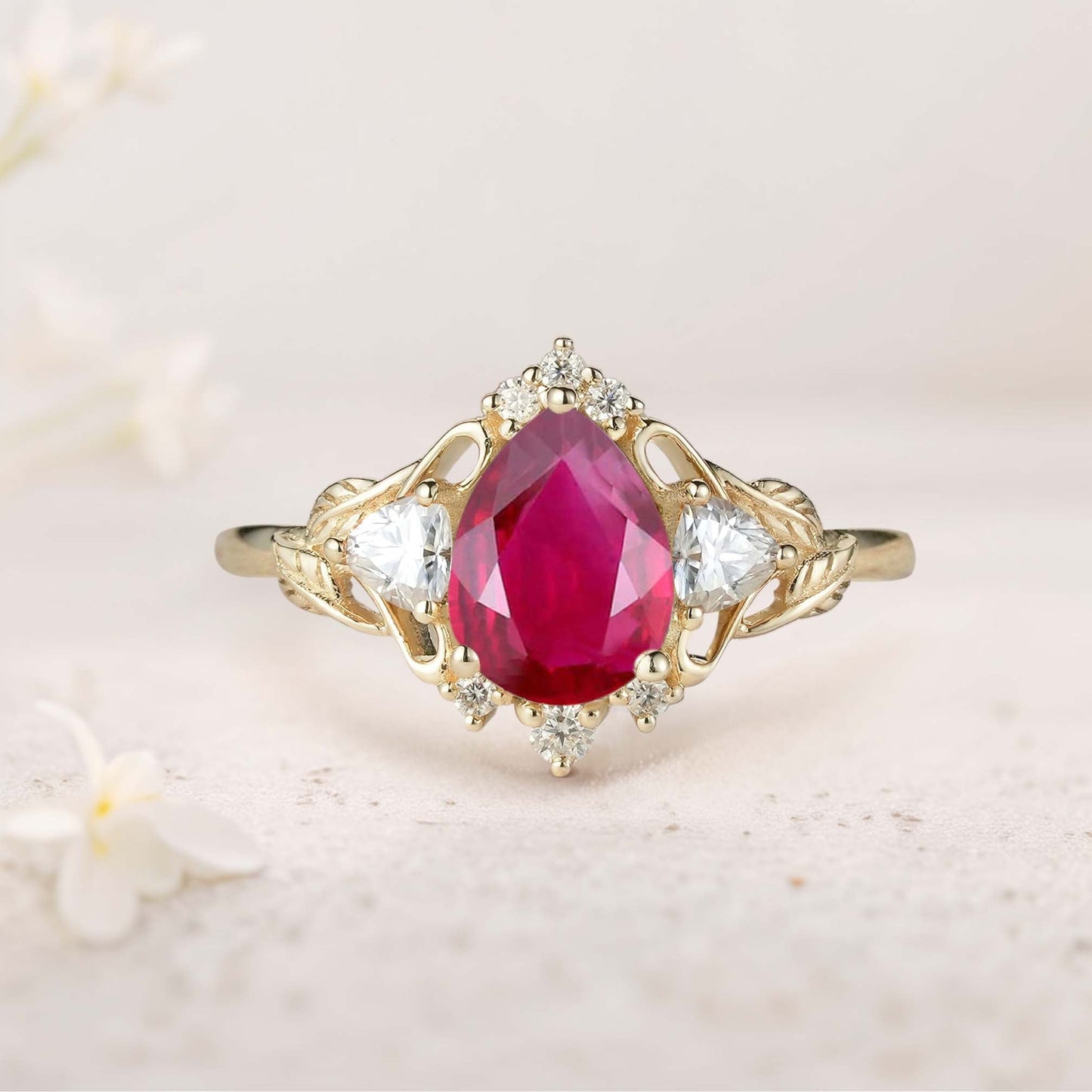 Unique Pear Lab Ruby and Moissanite side stones Leaf Ring Engagement Ring