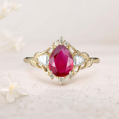 Unique Pear Lab Ruby and Moissanite side stones Leaf Ring Engagement Ring