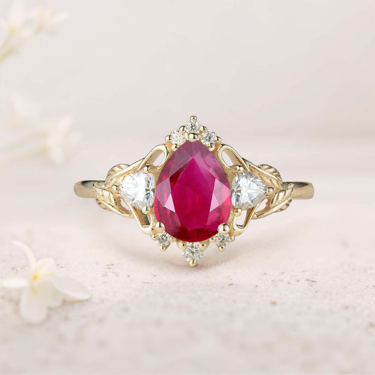Unique Pear Lab Ruby and Moissanite side stones Leaf Ring Engagement Ring