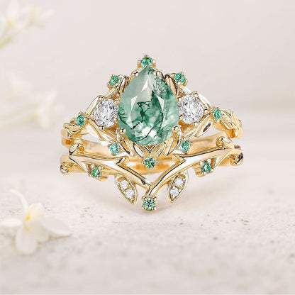 Unique Moss Agate Wedding Ring Set Twig Engagement Ring Leaf Promise ring Set