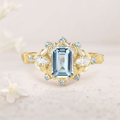 Unique floral engagement rings Emerald Cut Aquamarine Flower Engagement Ring Aquamarine Halo Leaf Wedding Ring