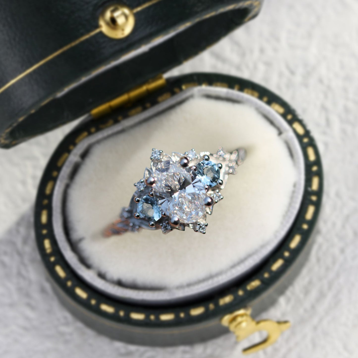 Unique Briar Rose Three Stone Oval Moissanite and Lab Aquamarine Ring
