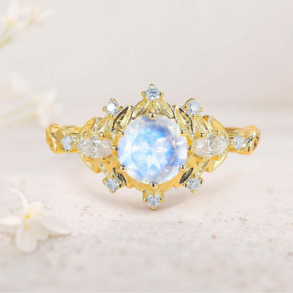 Unique floral engagement rings Round Citrine Flower Engagement Ring Art Deco Leaf Wedding Ring