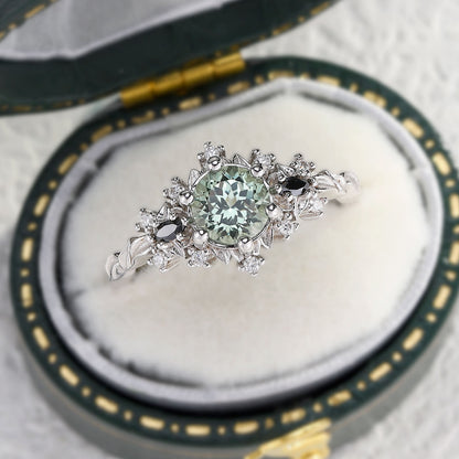 Unique Briar Rose Round Green Lab Sapphire and Black Moissanite Ring