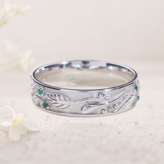 Unique floral engagement rings Nature inspired Wedding Band with Emeralds For Men