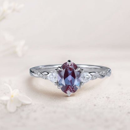 Unique Three Stone Oval Lab Alexandrite Ring  Engagement Ring