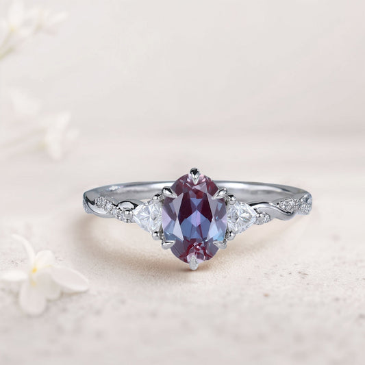 Unique Three Stone Oval Lab Alexandrite Ring  Engagement Ring