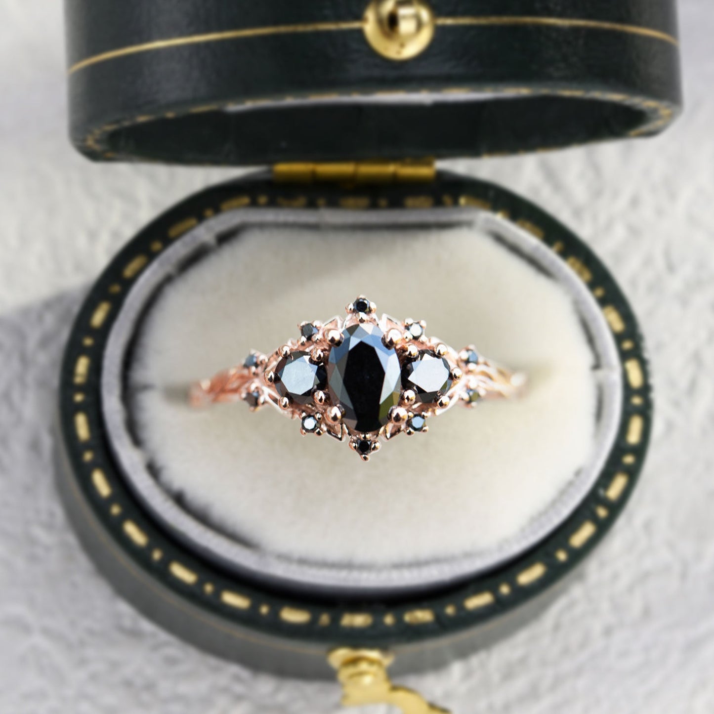 Unique Briar Rose Three Stone Oval Black Moissanite Ring