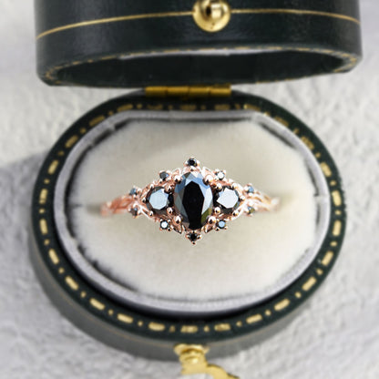 Unique Briar Rose Three Stone Oval Black Moissanite Ring