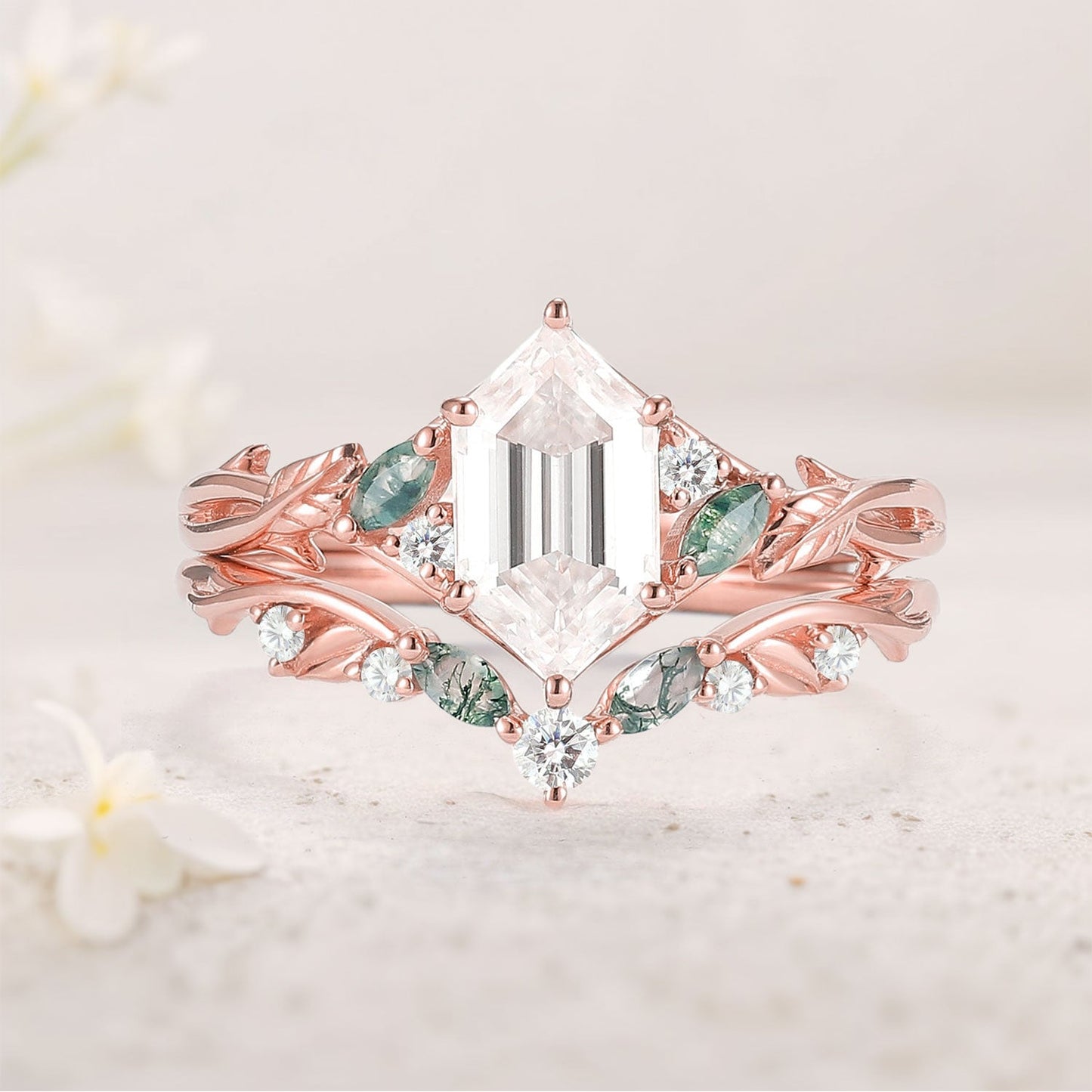Unique floral engagement rings Hexagon Cut Moissanite Vine Gemstone Ring Set