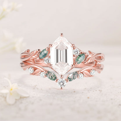Unique floral engagement rings Hexagon Cut Moissanite Vine Gemstone Ring Set