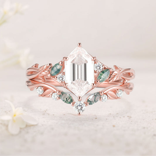 Unique floral engagement rings Hexagon Cut Moissanite Vine Gemstone Ring Set