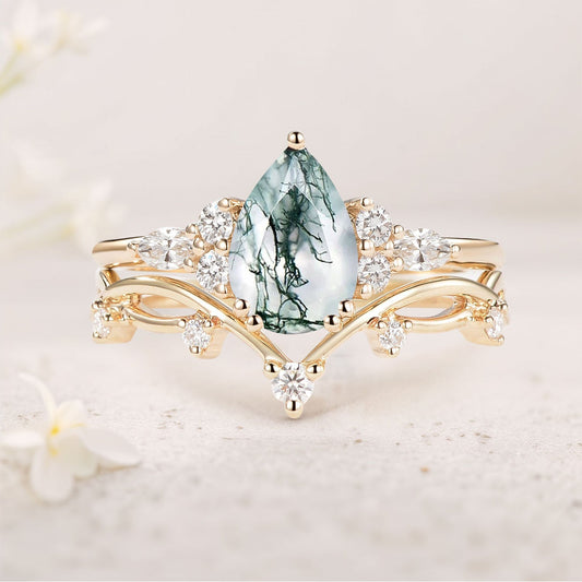 Unique Branches Pear Moss Agate Leafy Ring Set