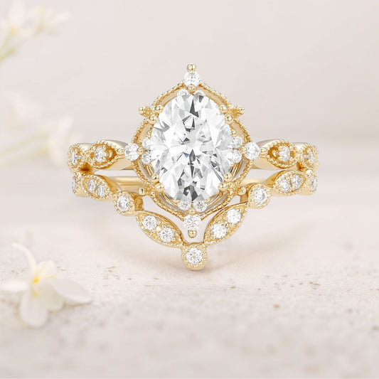Vintage floral engagement rings Oval Moissanite Signature Ring Bridal Ring Set