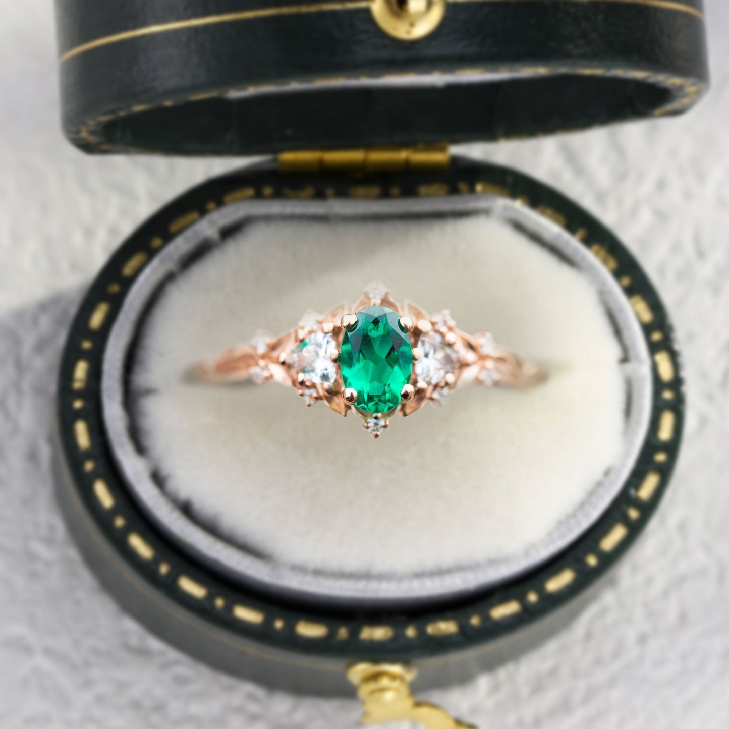 Unique Briar Rose Three Stone Oval Lab Emerald Ring