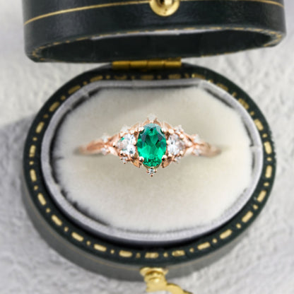 Unique Briar Rose Three Stone Oval Lab Emerald Ring