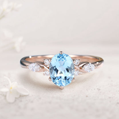 Vintage Oval Lab Aquamarine and Moissanite Split Shank Engagement Ring