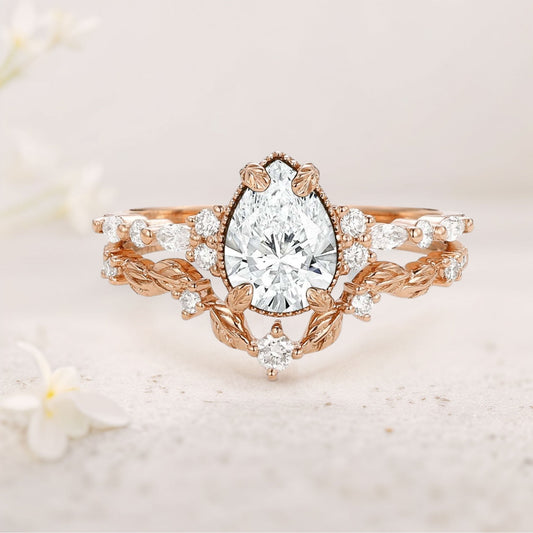 Vintage floral engagement rings Pear Moissanite Leafy Ring Set