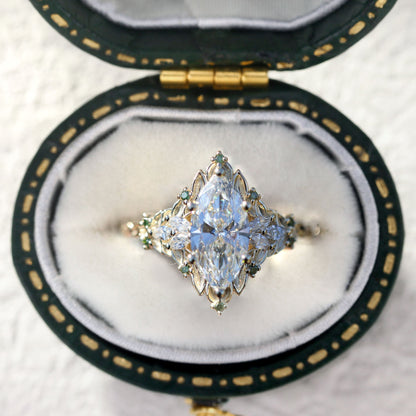 Unique Briar Rose Starlight Marquise Moissanite and Green Lab Sapphire Ring