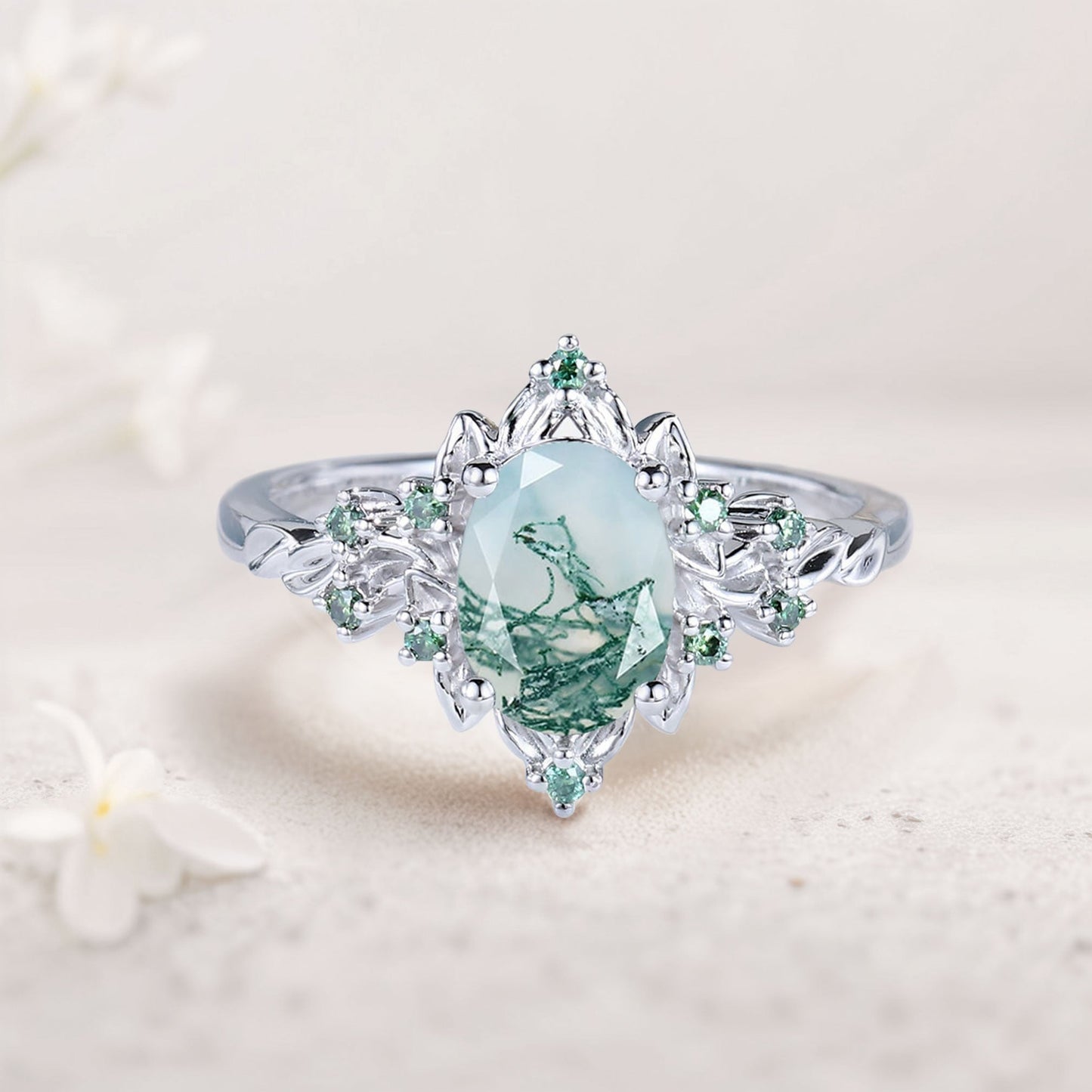 Vintage Briar Rose Oval Moss Agate Engagement Ring Olive Leaves Ring