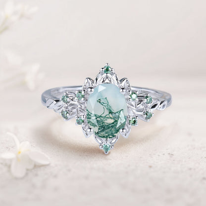 Vintage Briar Rose Oval Moss Agate Engagement Ring Olive Leaves Ring