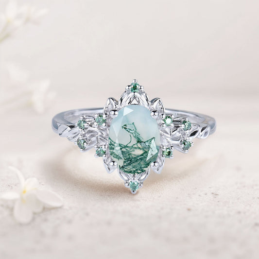 Vintage Briar Rose Oval Moss Agate Engagement Ring Olive Leaves Ring