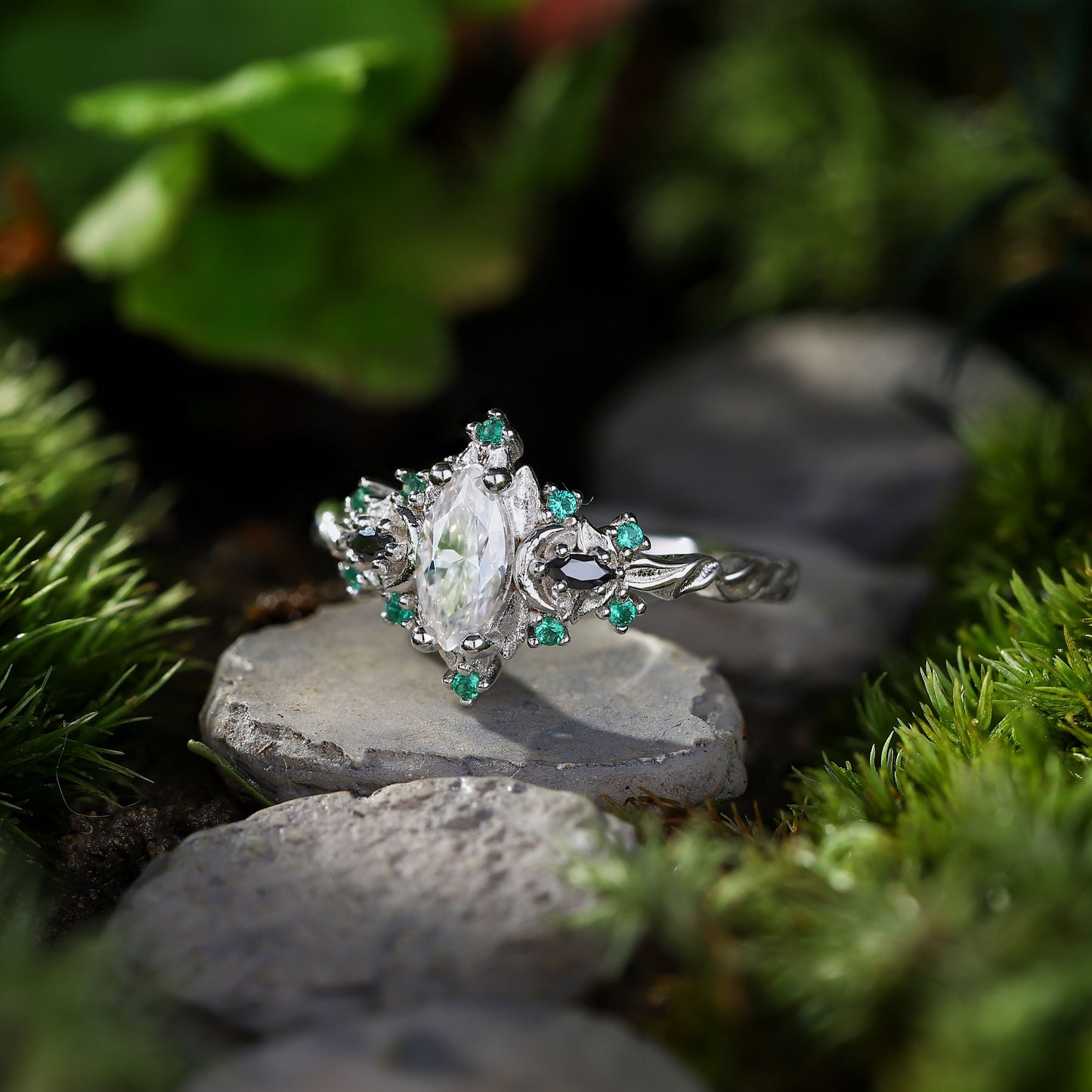 Unique Briar Moon Three Stone Marquise Moissanite and Lab Emerald Ring