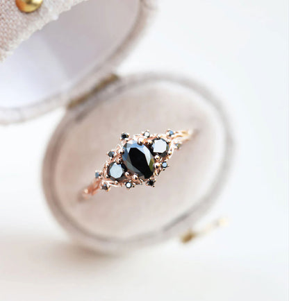 Unique Celeste Rose Three Stone Oval Black Moissanite Ring