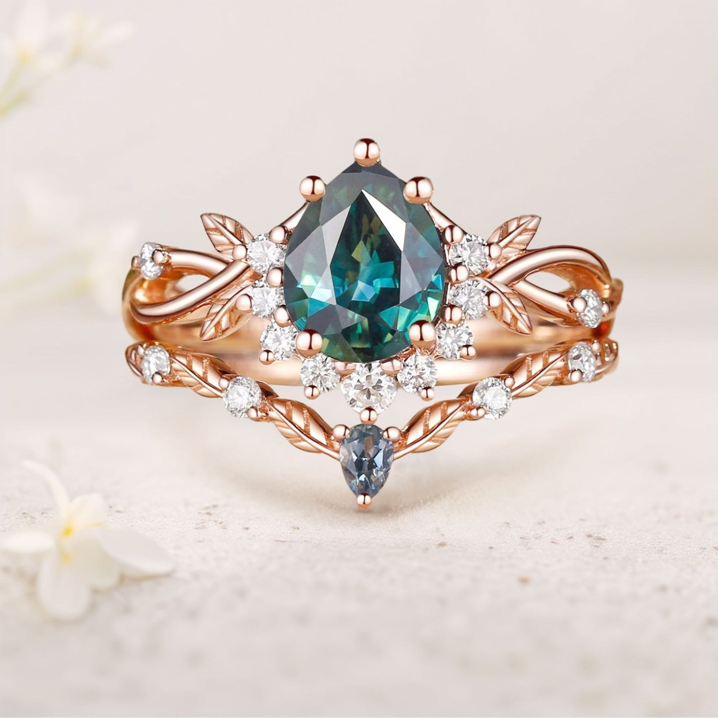 Vintage floral engagement rings Pear Green Lab Sapphire Engagement Ring Set